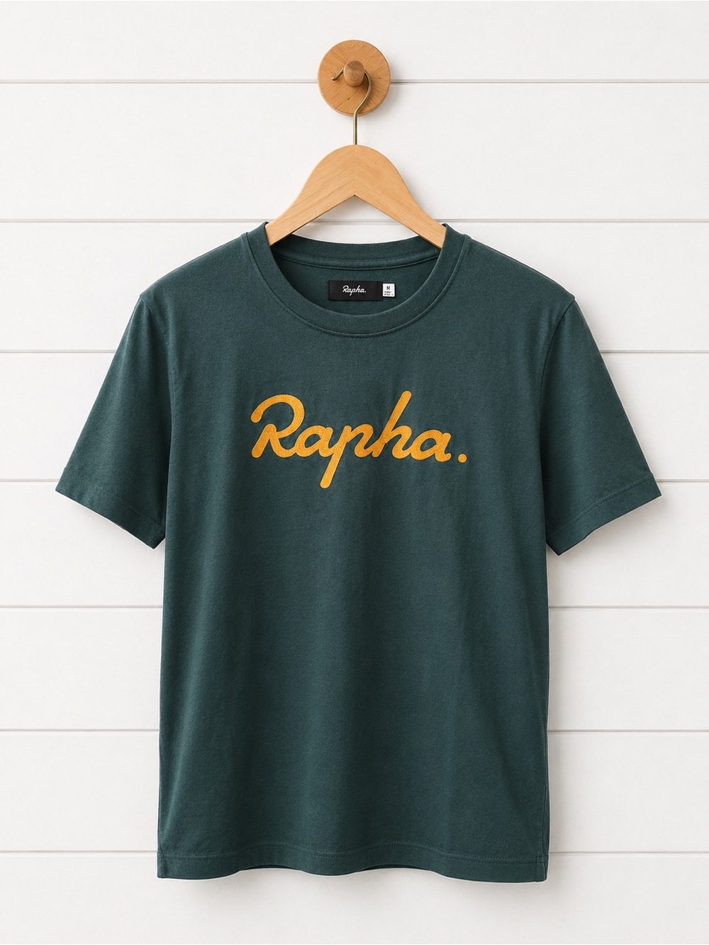 Rapha Dark Teal Crew T-Shirt with Yellow Script Logo Medium
